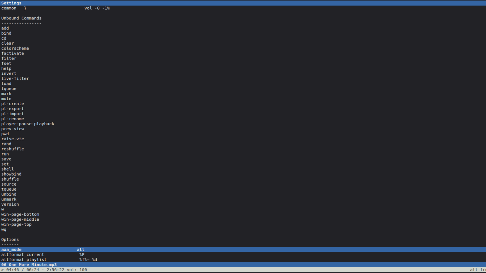 A screenshot of the unbound commands that must be entered in the command line in cmus.