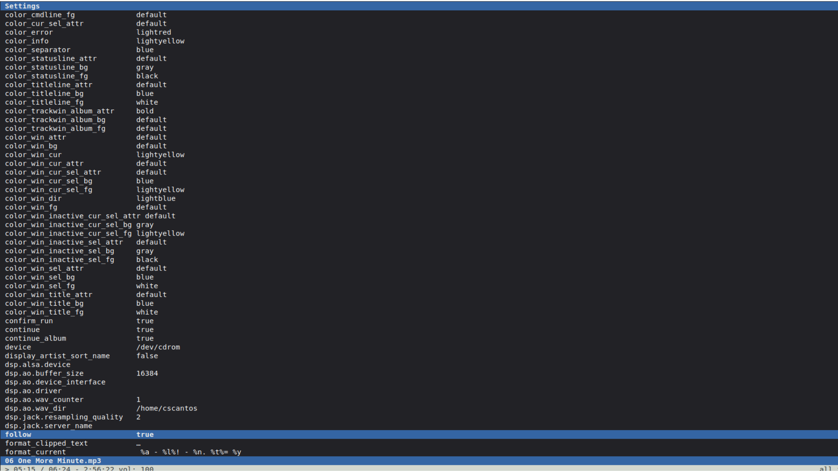 A screenshot of various customization settings in cmus.