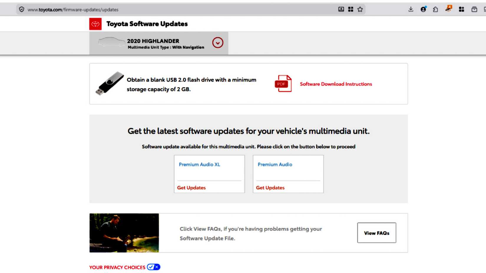 A software update on the official Toyota website