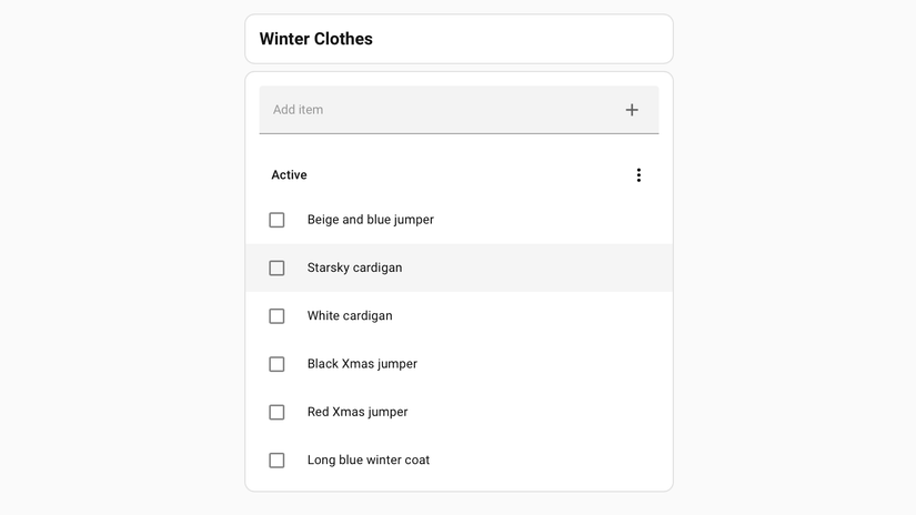 A to-do list showing a list of winter clothes in Home Assistant.