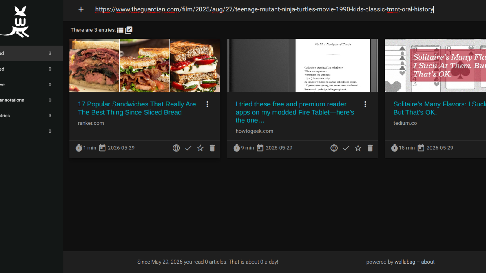 Adding several URLS to Wallabag.