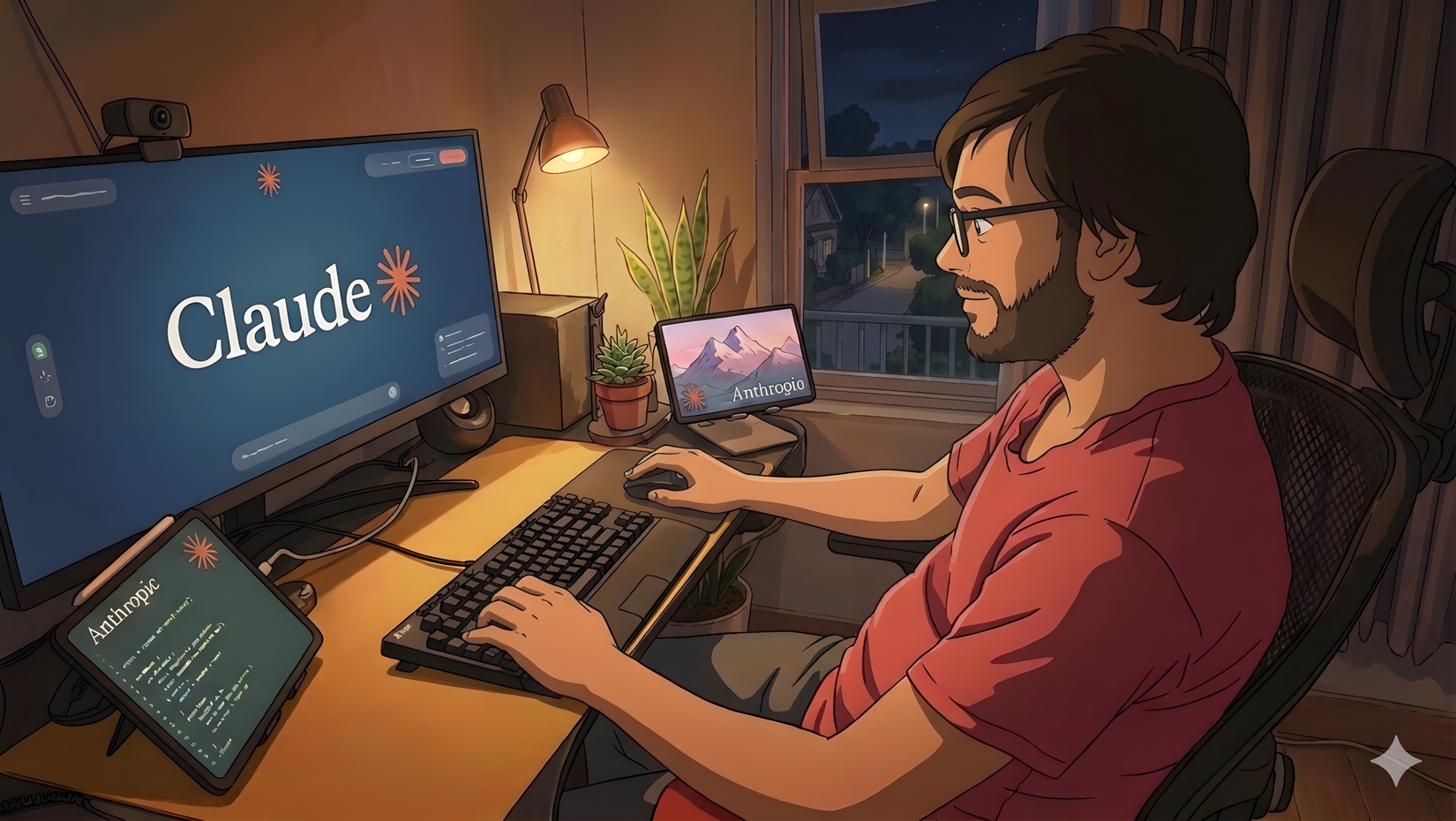 An AI generated image of a guy sitting in front of a computer working with Claude during the night.