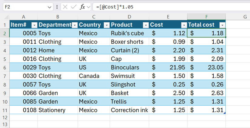 An Excel table with a hard-coded value inside a total cost formula multiplier showing in the formula bar.