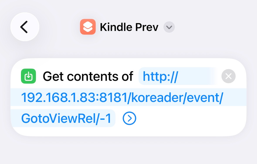 An iOS shortcut to fire the previous page event in KOReader.