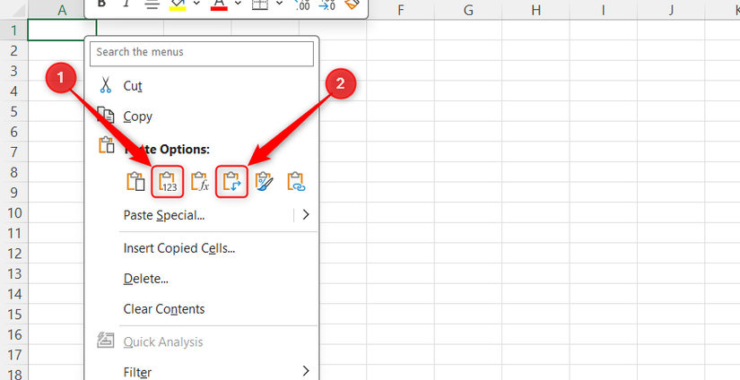 An open Excel right-click menu showing the Paste Options row with the Values and Transpose clipboard icons highlighted.
