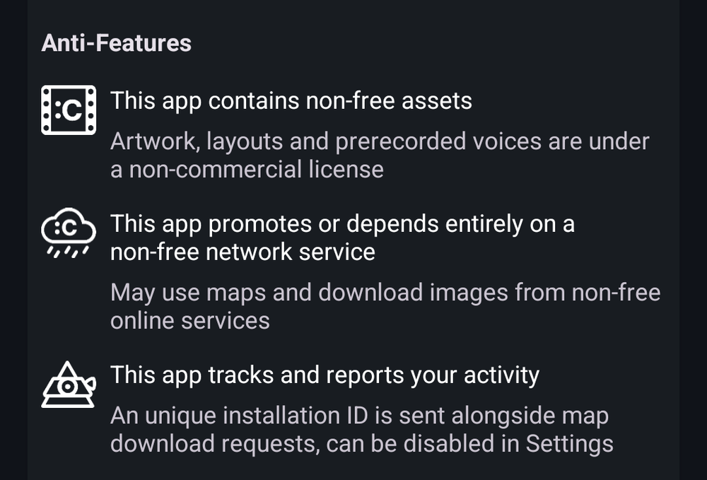 F-Droid's anti-features labels show exactly what an app does before installation