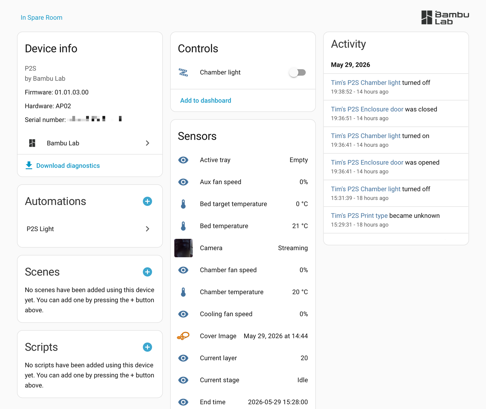 Bambu Lab P2S status screen in Home Assistant.