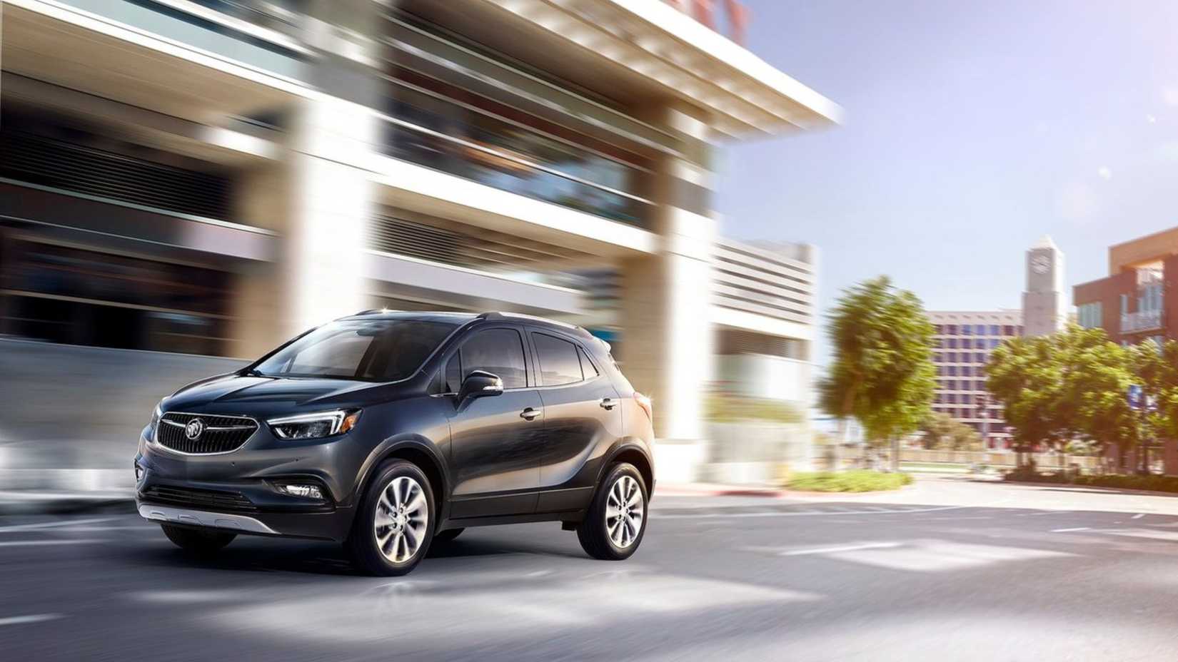 Dynamic front 3/4 shot of a gray 2017 Buick Encore.