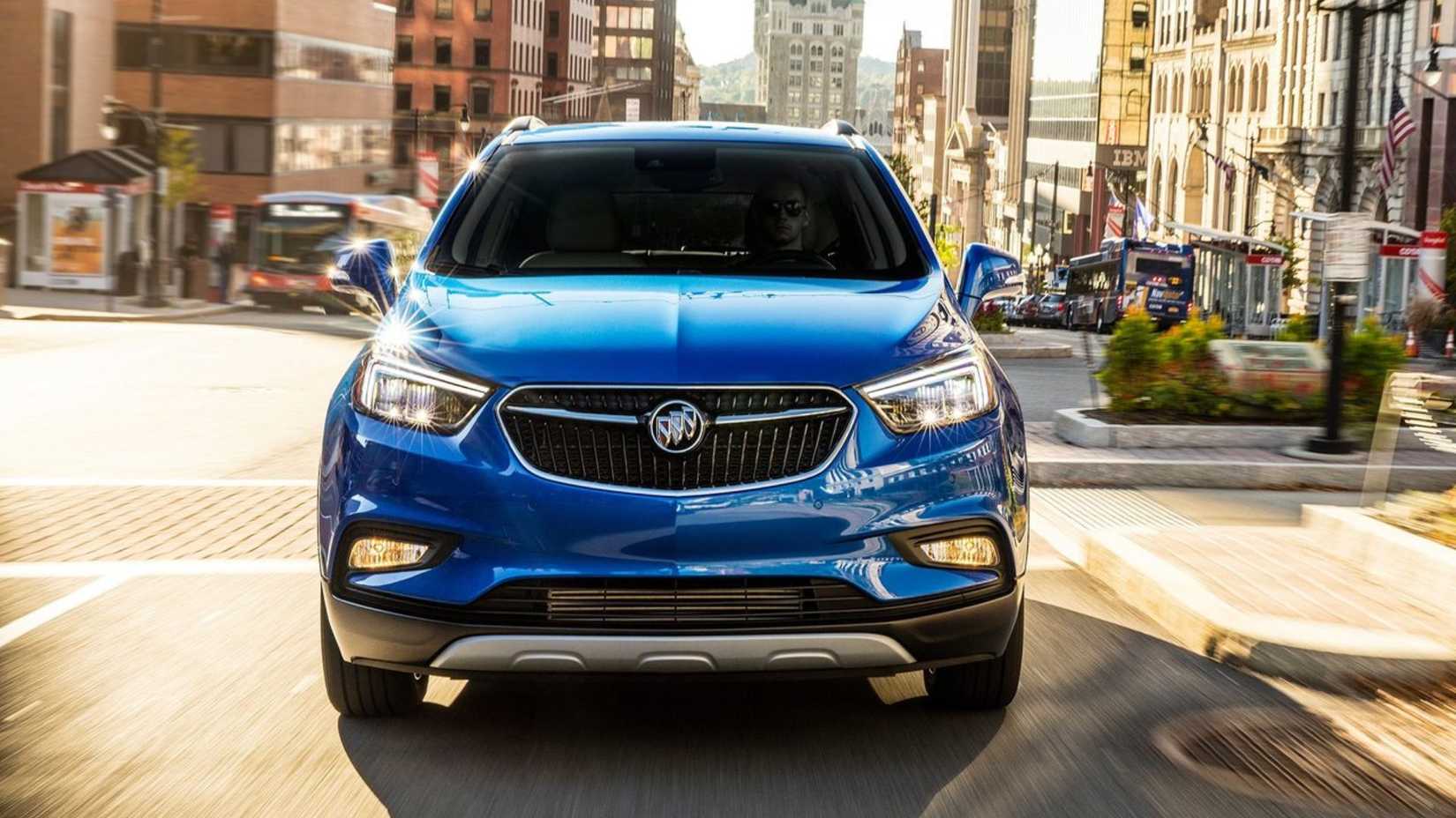 Dynamic front-end shot of a blue 2017 Buick Encore.