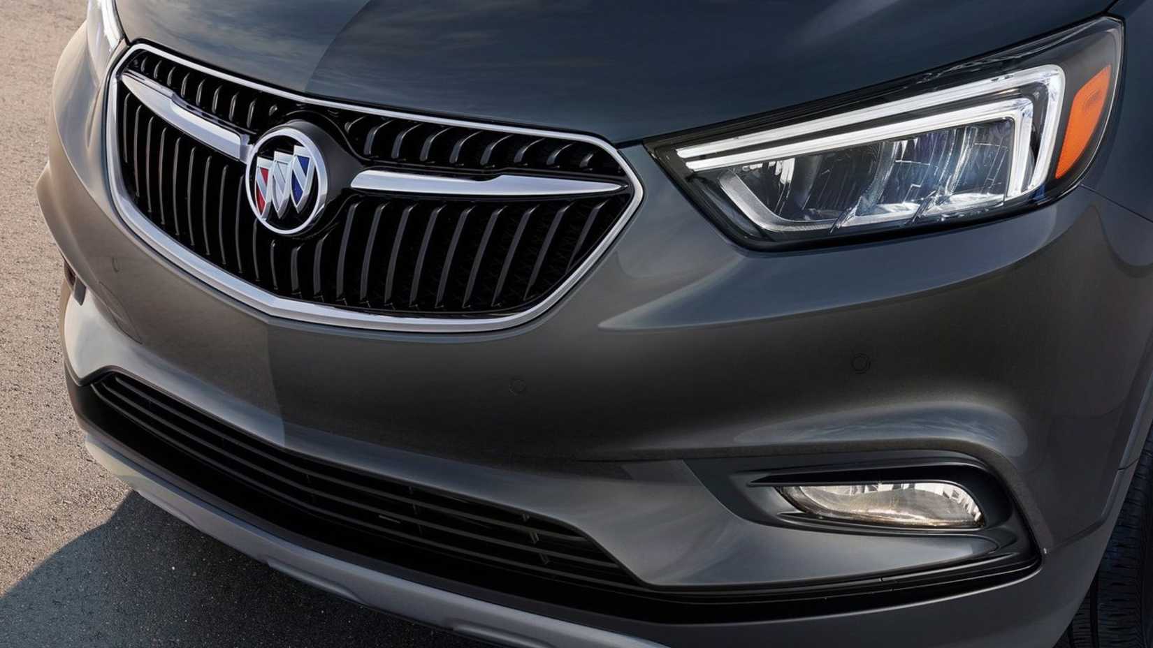Close-up shot of the front end of a gray 2017 Buick Encore.