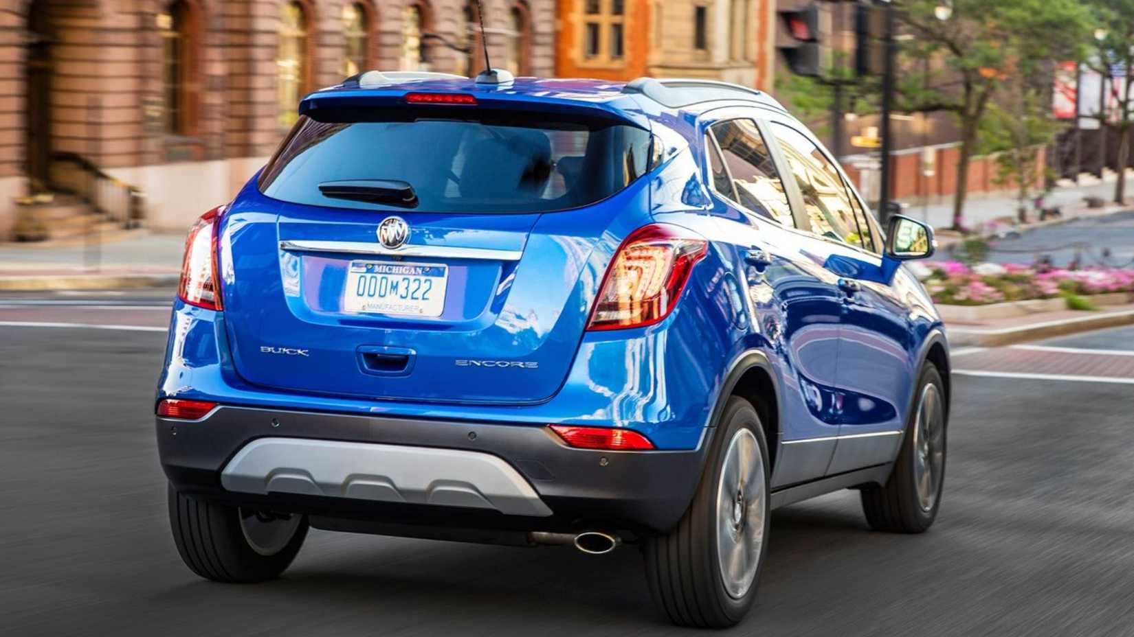 Dynamic rear 3/4 shot of a blue 2017 Buick Encore.