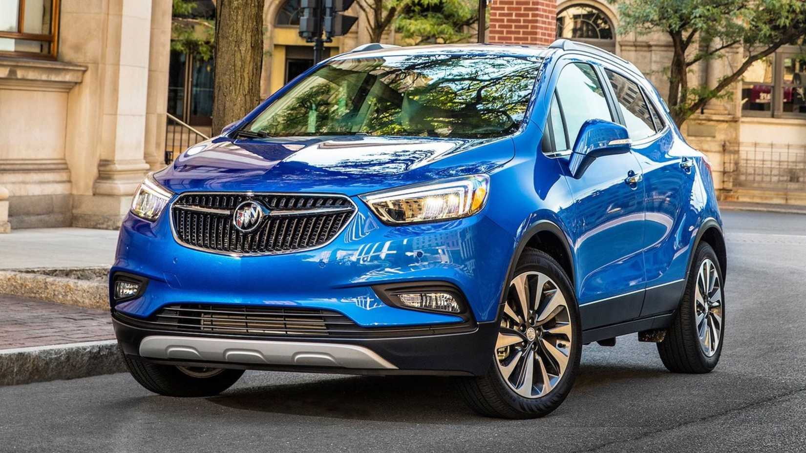 Static front 3/4 shot of a blue 2017 Buick Encore.
