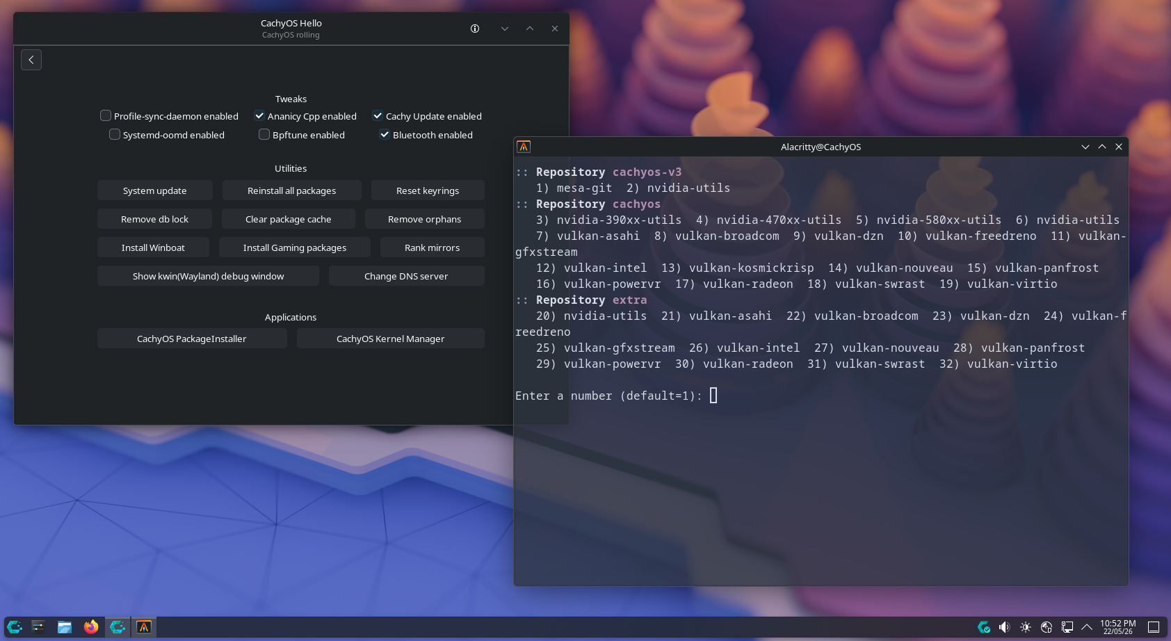 CachyOS Hello showing terminal with Vulkan packages listed for install.