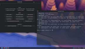 CachyOS Hello showing terminal with Vulkan packages listed for install.