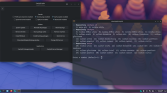 CachyOS Hello showing terminal with Vulkan packages listed for install.