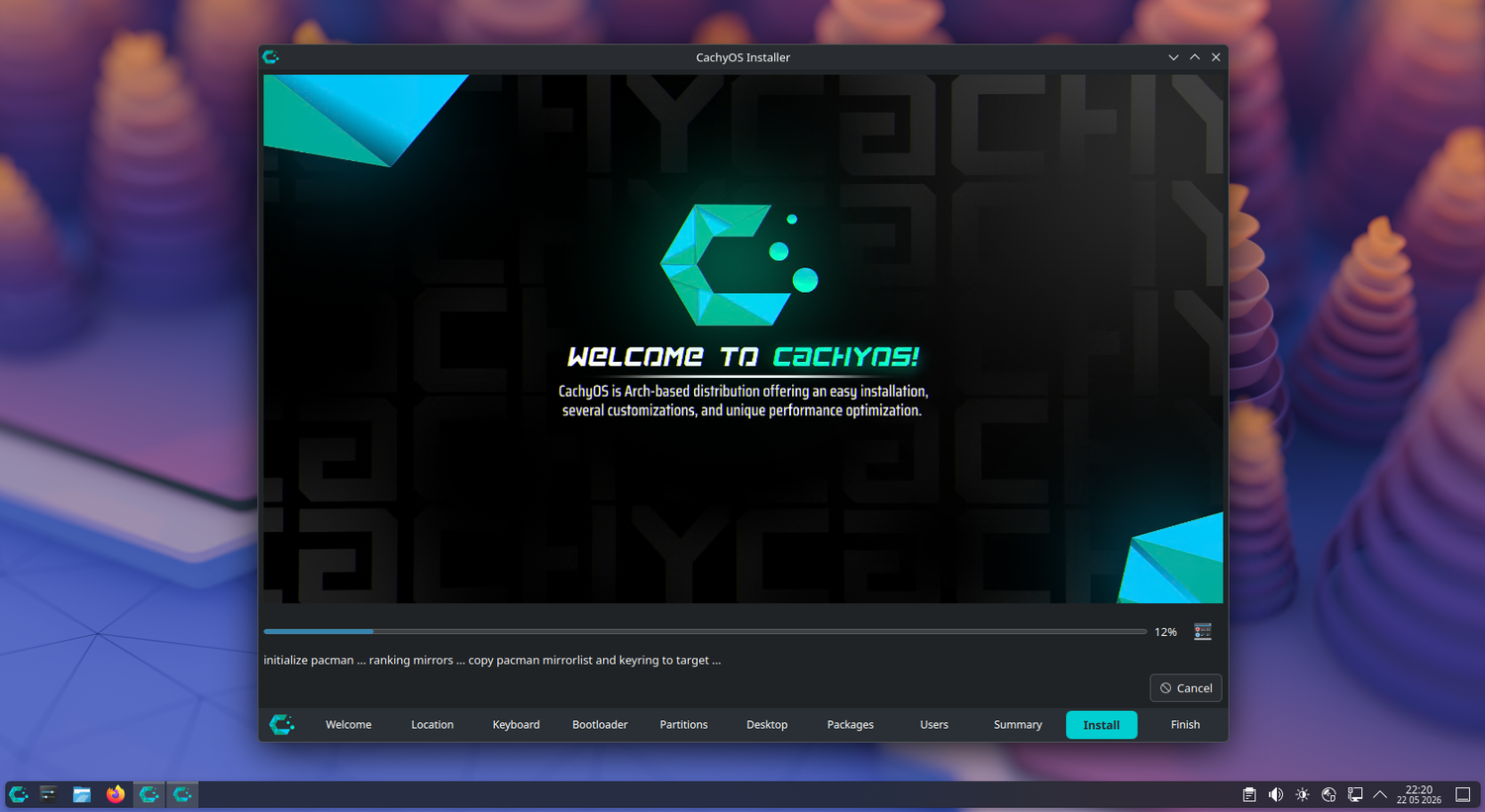 CachyOS installer welcome screen with neon cyberpunk branding.