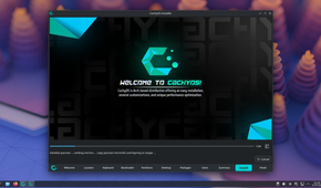 CachyOS installer welcome screen with neon cyberpunk branding.