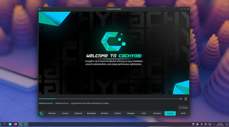 CachyOS installer welcome screen with neon cyberpunk branding.