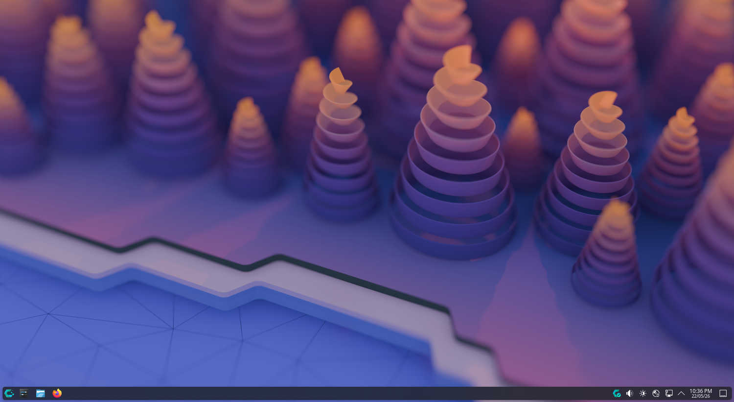 CachyOS KDE Plasma clean desktop with abstract cone wallpaper.