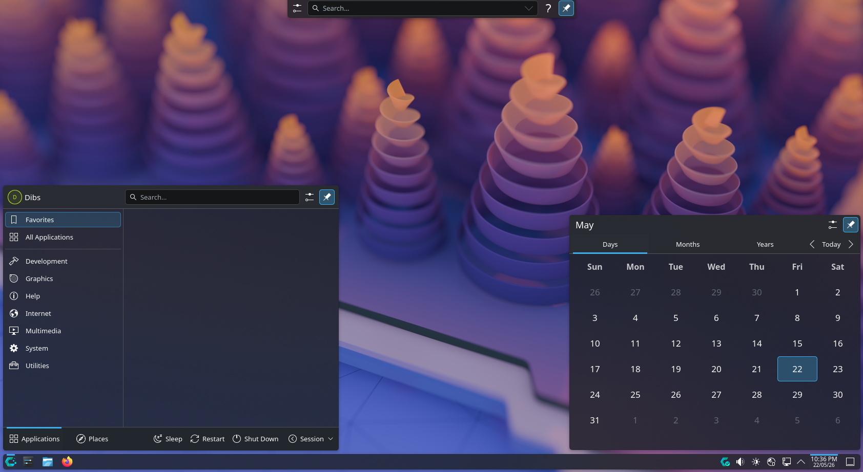 CachyOS KDE Plasma desktop with app launcher and calendar widget open.
