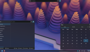 CachyOS KDE Plasma desktop with app launcher and calendar widget open.