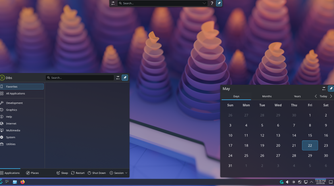CachyOS KDE Plasma desktop with app launcher and calendar widget open.