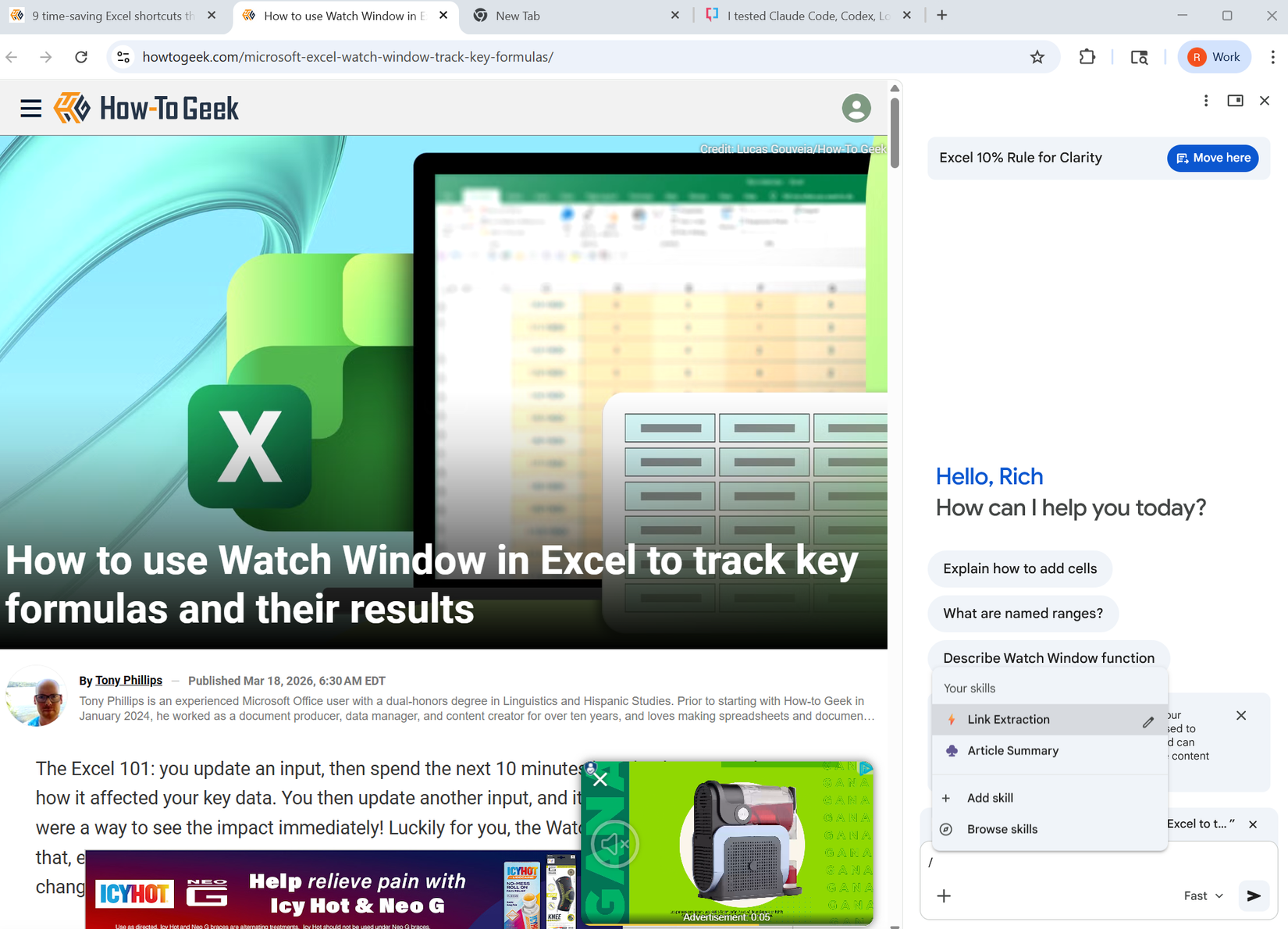 A screenshot of Google Chrome with the Gemini side panel open and the Skills repository showing.