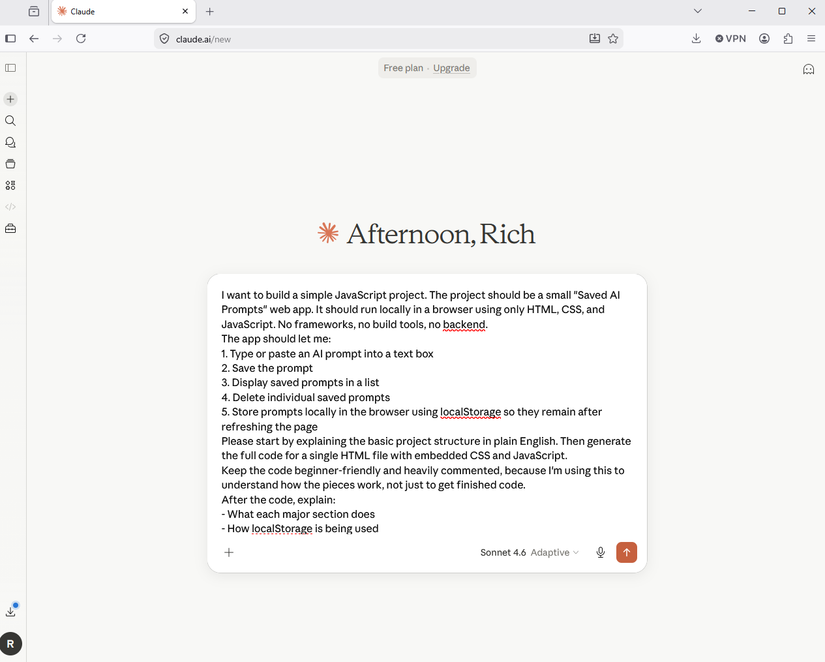 A screenshot of Claude AI with a prompt in it to create an extension that saves reusable command prompts.