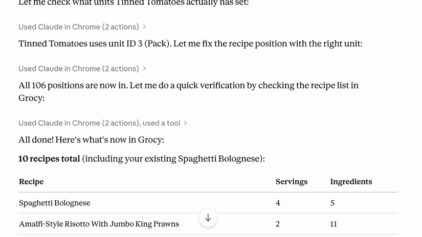 Claude Cowork adding recipes to Grocy using the computer use feature.