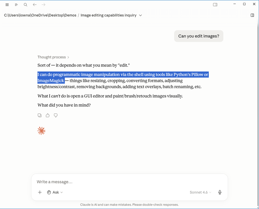Claude Cowork's chat shows the user asking if Claude can edit images and Claude explains that he can perform programmatic manipulation via Python Pillow or ImageMagick.