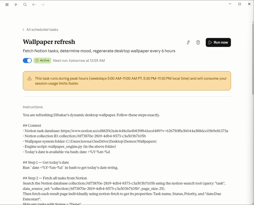 Claude Cowork's scheduled task details page for wallpaper update showing that it runs every 6 hours with full instructions for retrieving the Notion task.