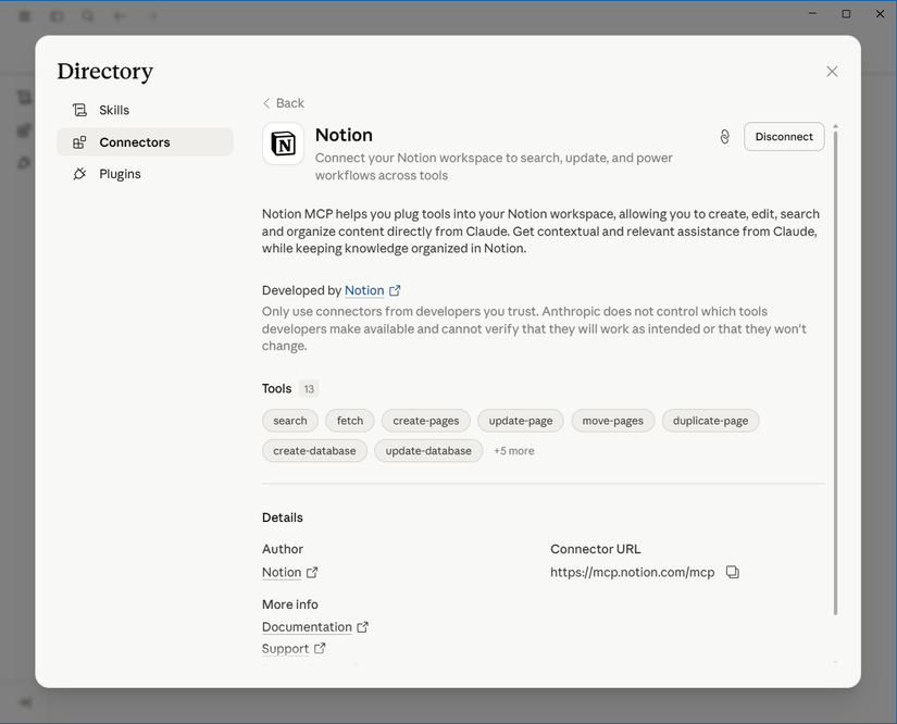 Claude desktop app directory panel showing the Notion connector page with 13 available tools including search, retrieval, and page creation.