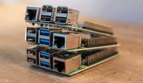 A close-up of a stack of Raspberry Pis.