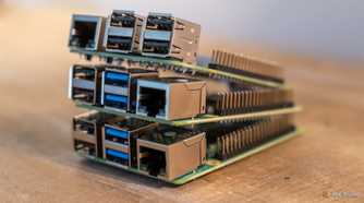 A close-up of a stack of Raspberry Pis.