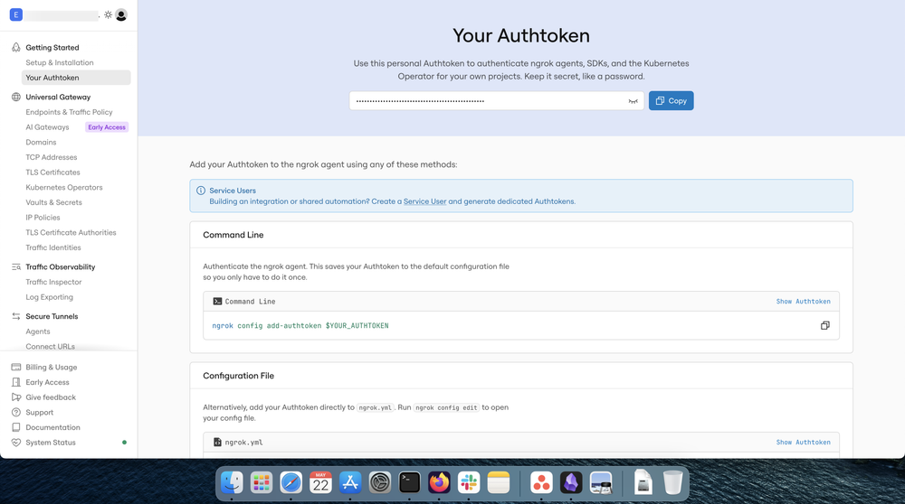 Copying the ngrok authentication token for secure tunneling