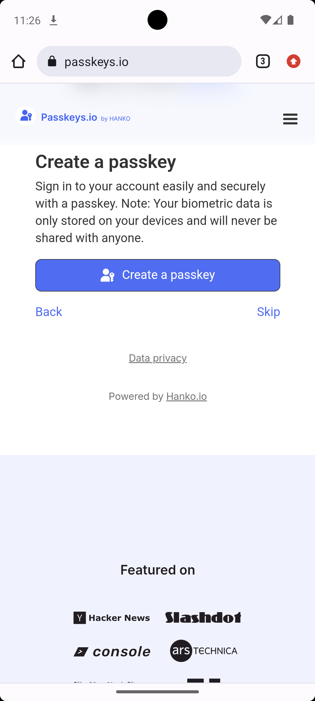 Create a new passkey on Android.