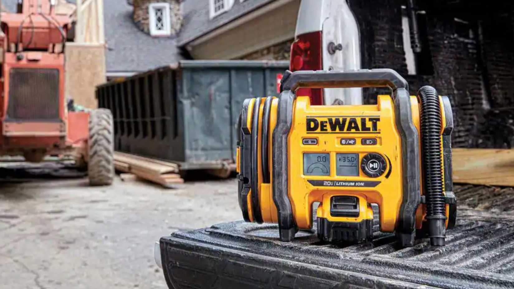 DeWALT tire inflator on a tailgate