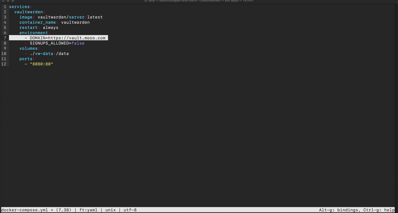 Docker compose file for Vaultwarden needs a Domain variable.