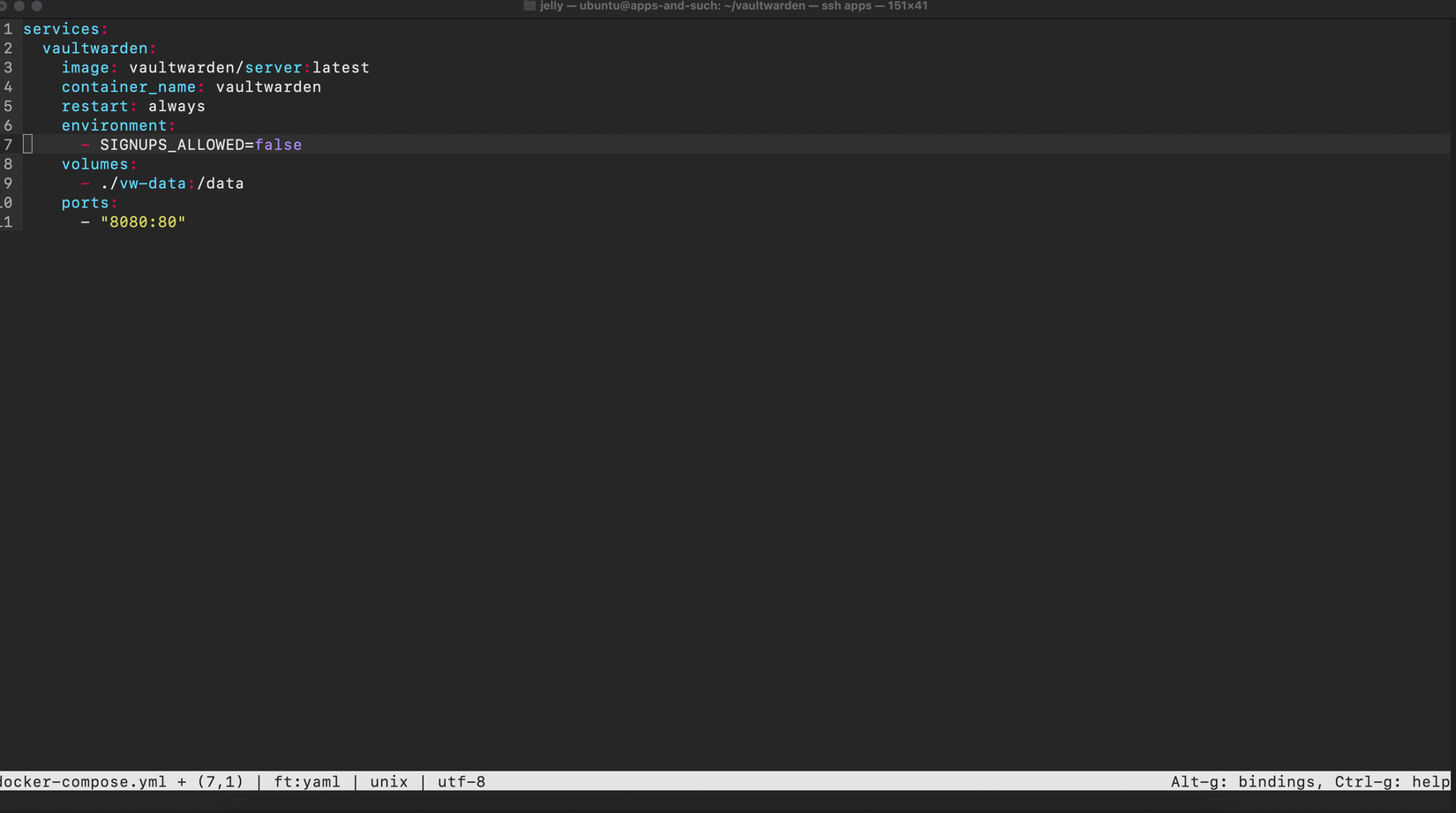 Docker compose file for Vaultwarden.