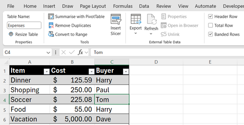 Expense table showing shared costs with the payer identified for each item.