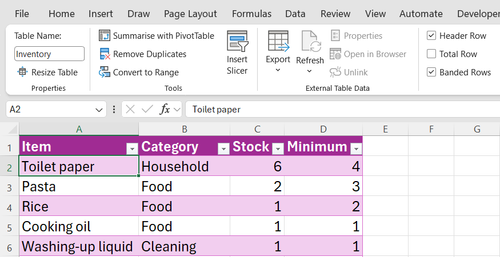 Naming your table in the Table Design tab. This example uses 'Inventory' as the table name.
