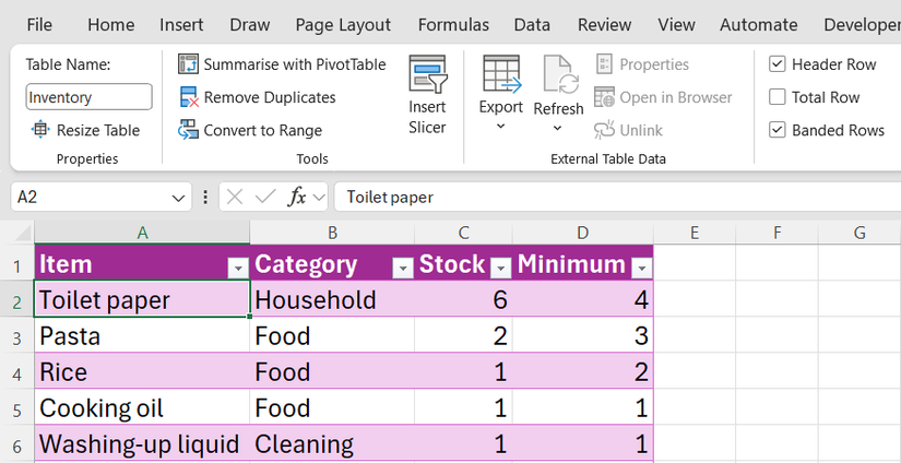 Onglet Conception de tableau Excel affichant le champ Nom de la table avec le nom Inventaire saisi au-dessus d'une liste d'articles ménagers.