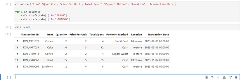 Filtering cafe data in Jupyter.