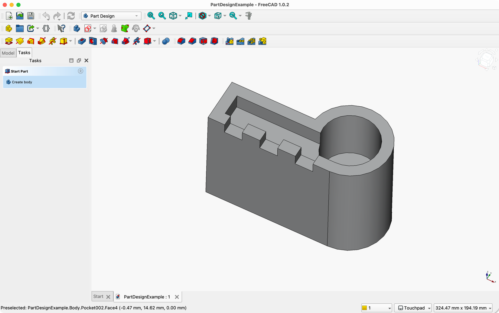 FreeCAD with an example file open.