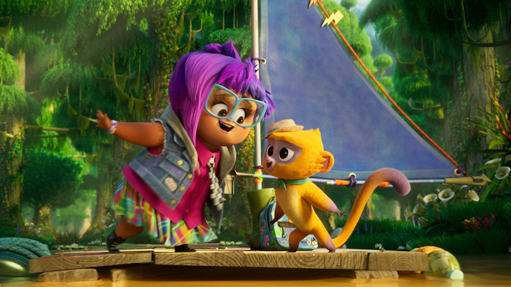 Gabi and Vivo on a raft in the movie Vivo.