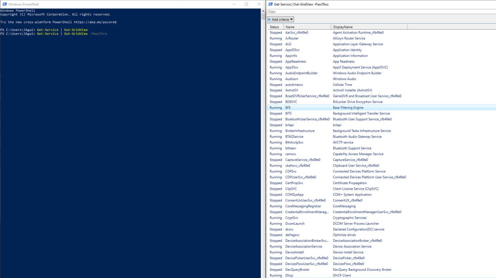 Get-Service and Out-GridView in Windows PowerShell