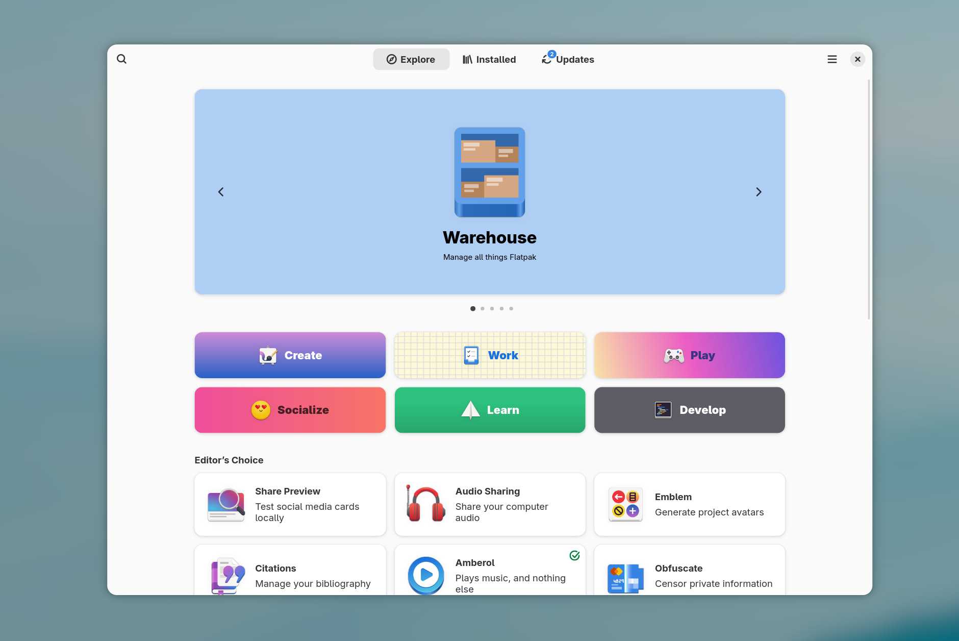 GNOME Software with a banner featuring the Warehouse app for Linux.