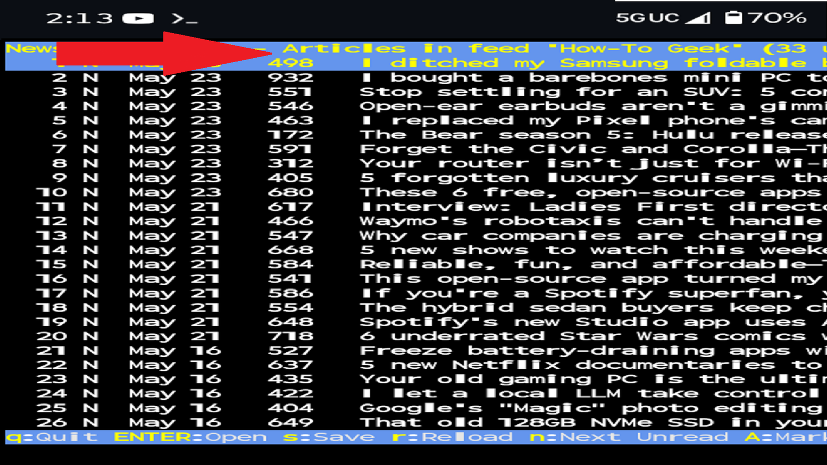 Checking out the HTG feed in newsboat on Termux.