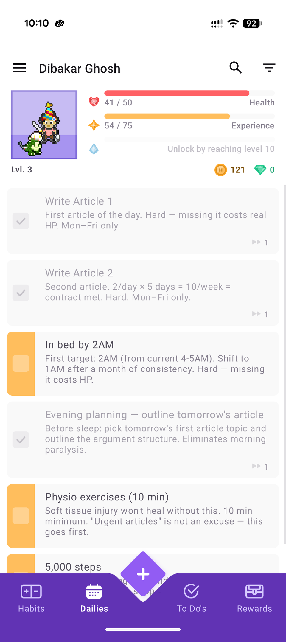 Habitica dailies tab showing article writing in bed by 2AM and physio exercise tasks.