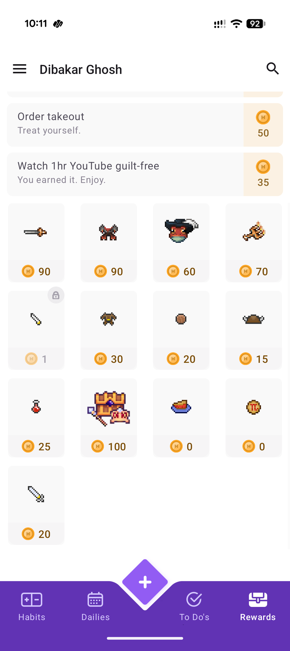 Habitica rewards tab scrolled showing in-game equipment items with gold prices.